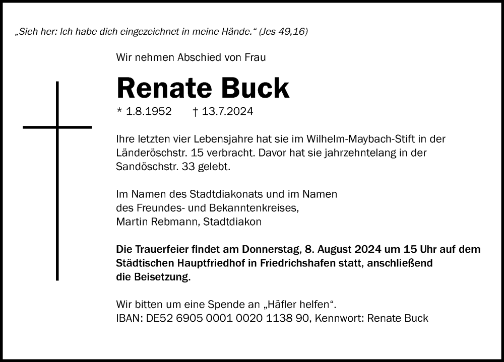  Traueranzeige für Renate Buck vom 06.08.2024 aus Friedrichshafen