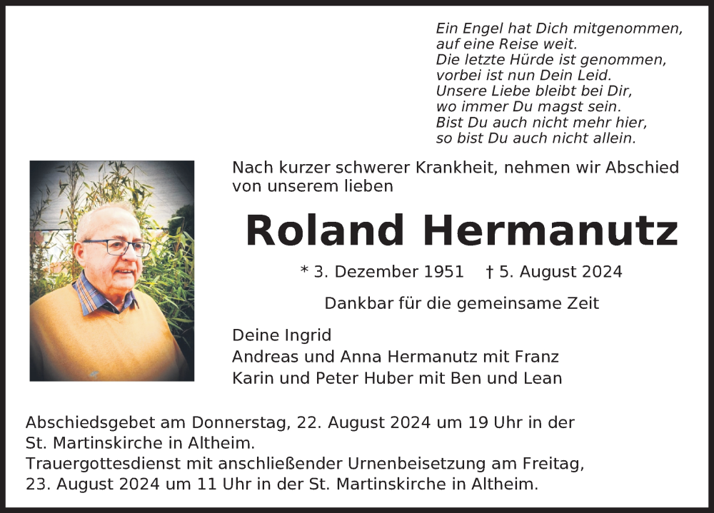  Traueranzeige für Roland Hermanutz vom 17.08.2024 aus Riedlingen