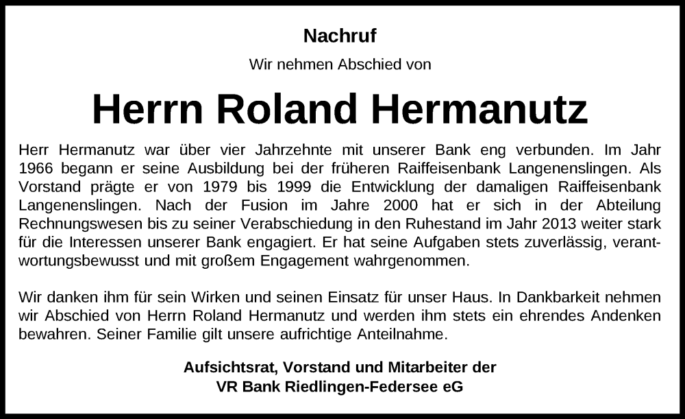  Traueranzeige für Roland Hermanutz vom 17.08.2024 aus Riedlingen