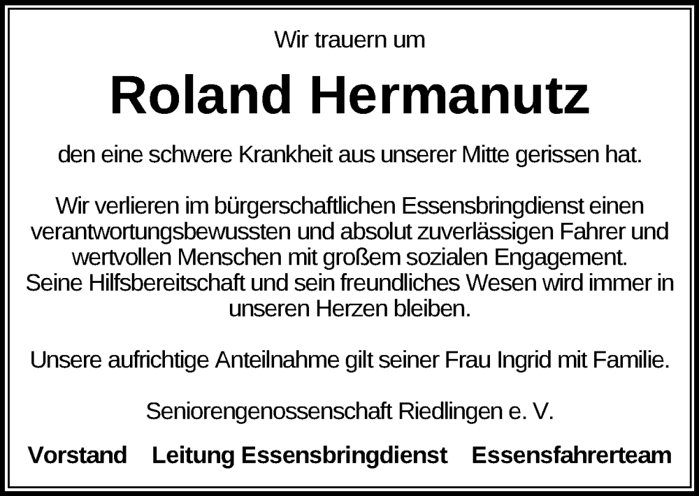  Traueranzeige für Roland Hermanutz vom 17.08.2024 aus Riedlingen