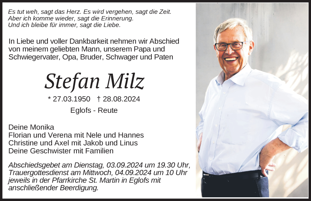  Traueranzeige für Stefan Milz vom 31.08.2024 aus Wangen