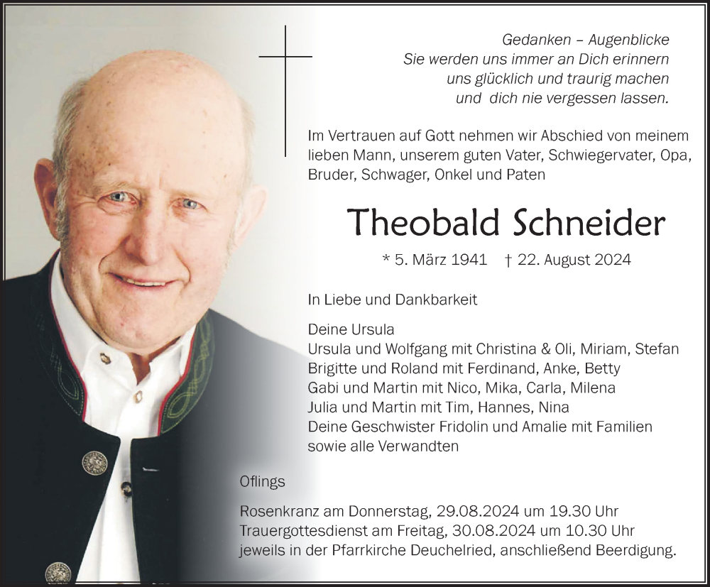  Traueranzeige für Theobald Schneider vom 27.08.2024 aus Wangen