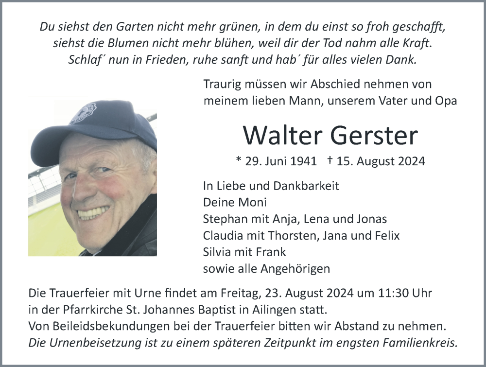  Traueranzeige für Walter Gerster vom 21.08.2024 aus Friedrichshafen