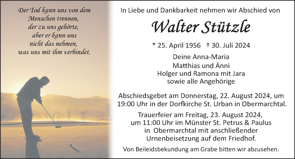  Traueranzeige für Walter Stützle vom 20.08.2024 aus Ehingen