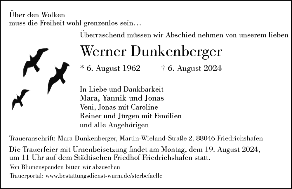  Traueranzeige für Werner Dunkenberger vom 14.08.2024 aus Friedrichshafen