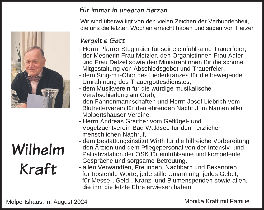  Traueranzeige für Wilhelm Kraft vom 24.08.2024 aus Bad Waldsee