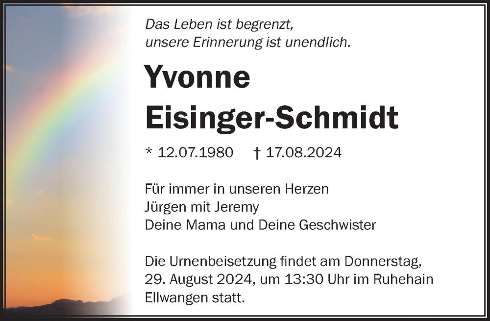  Traueranzeige für Yvonne Eisinger-Schmidt vom 27.08.2024 aus Aalen /Ellwangen