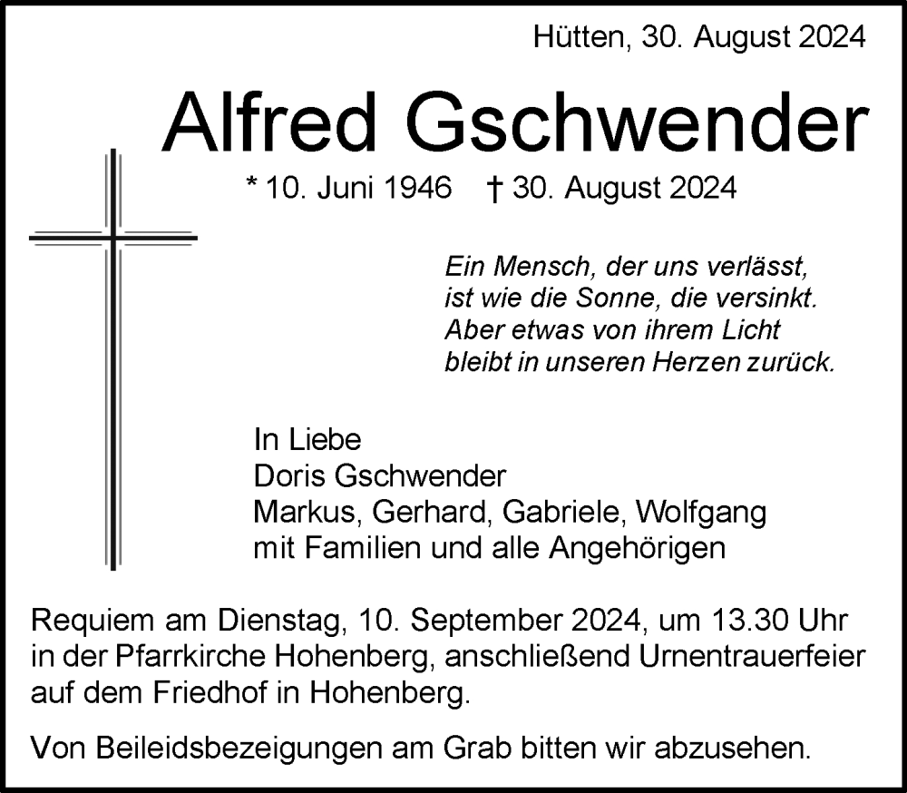  Traueranzeige für Alfred Gschwender vom 07.09.2024 aus Aalen /Ellwangen