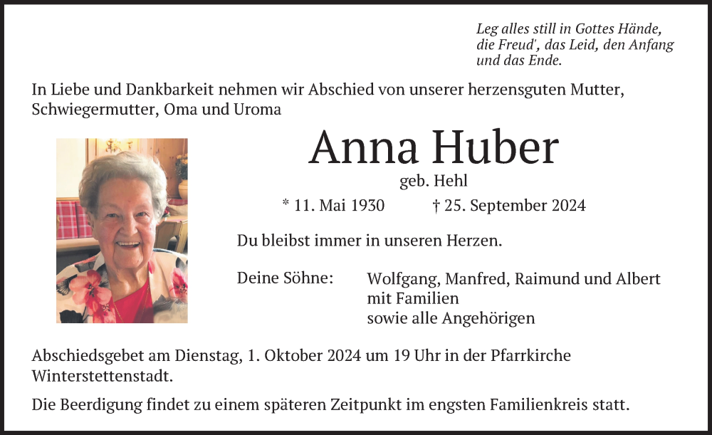  Traueranzeige für Anna Huber vom 28.09.2024 aus Biberach