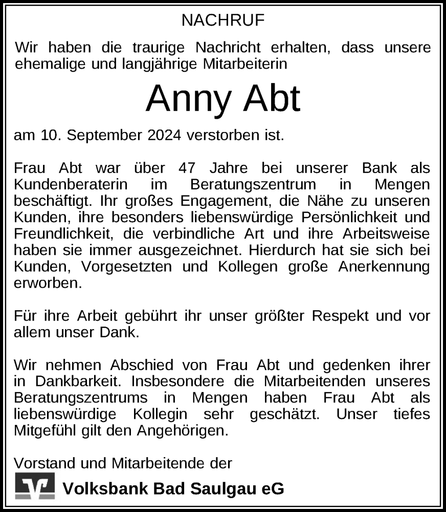  Traueranzeige für Anny Abt vom 14.09.2024 aus Bad Saulgau