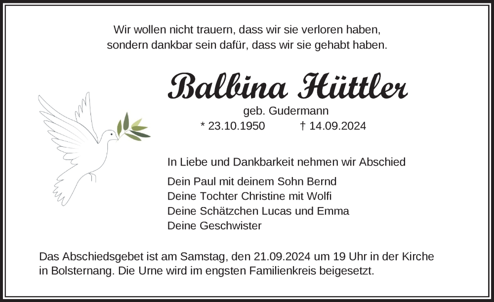  Traueranzeige für Balbina Hüttler vom 19.09.2024 aus Leutkirch