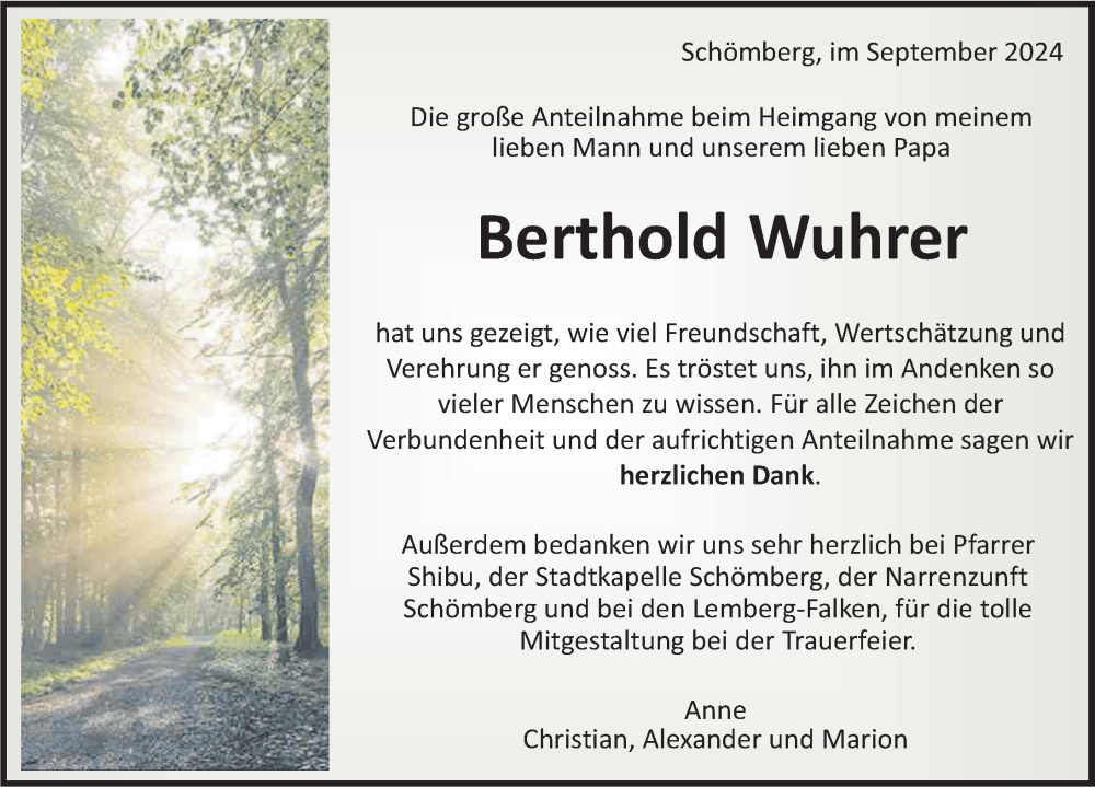  Traueranzeige für Berthold Wuhrer vom 26.09.2024 aus Balingen