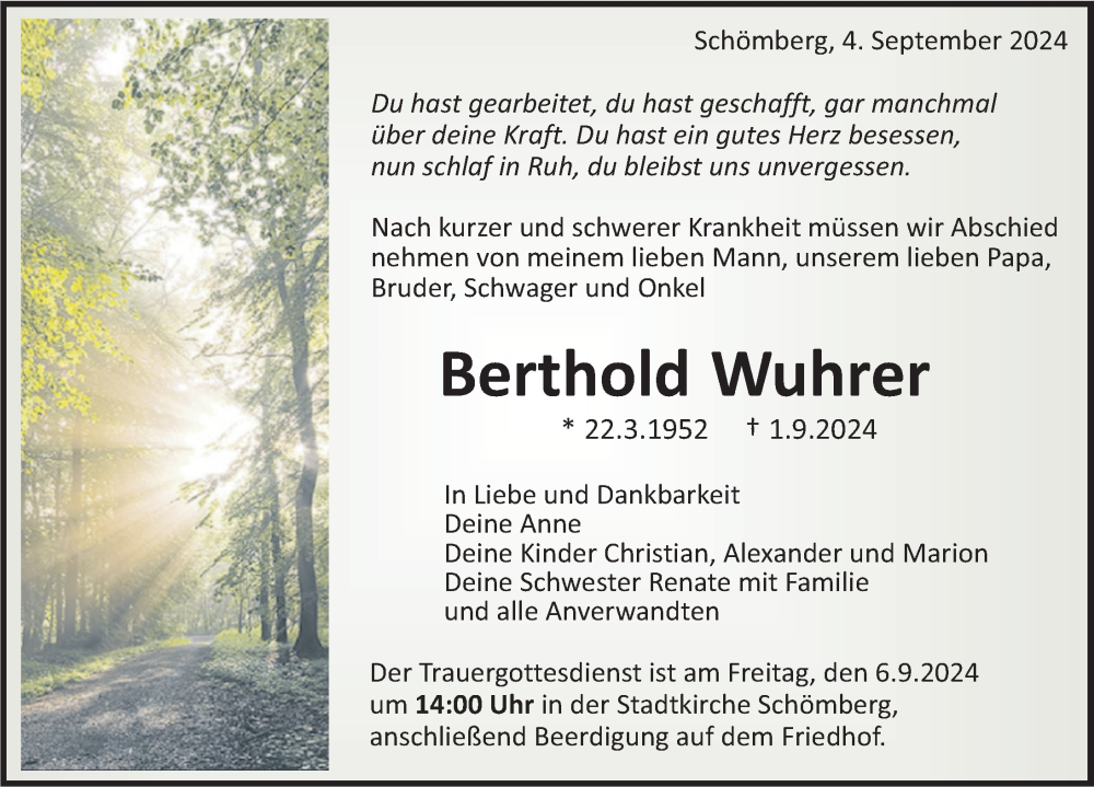  Traueranzeige für Berthold Wuhrer vom 04.09.2024 aus Balingen