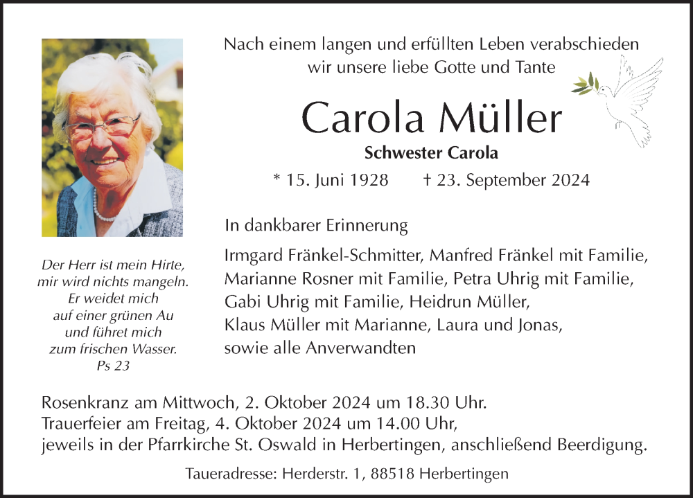  Traueranzeige für Carola Müller vom 28.09.2024 aus Bad Saulgau