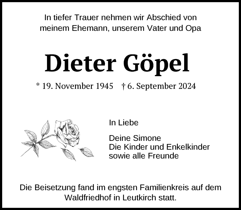  Traueranzeige für Dieter Göpel vom 18.09.2024 aus Leutkirch