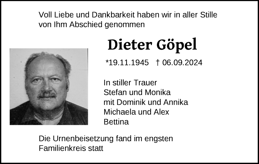  Traueranzeige für Dieter Göpel vom 21.09.2024 aus Leutkirch