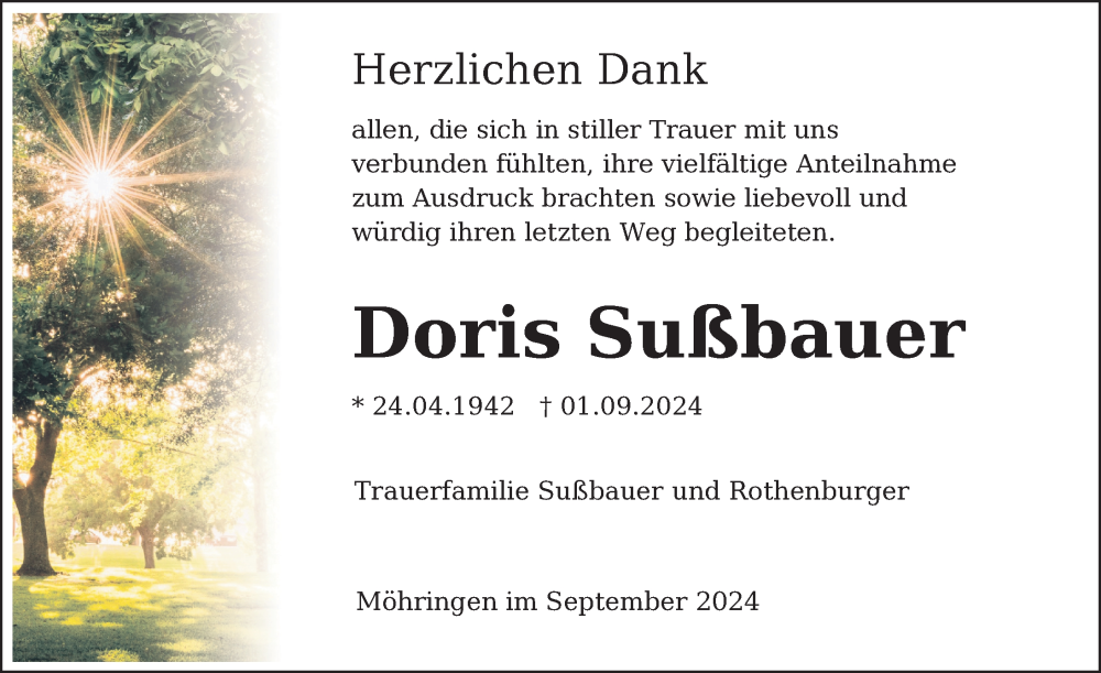  Traueranzeige für Doris Sußbauer vom 12.09.2024 aus Tuttlingen, Spaichingen, Trossingen