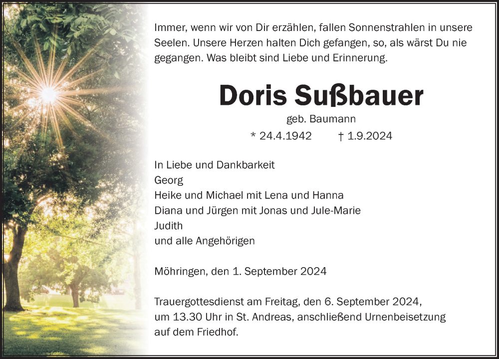  Traueranzeige für Doris Sußbauer vom 04.09.2024 aus Tuttlingen, Spaichingen, Trossingen