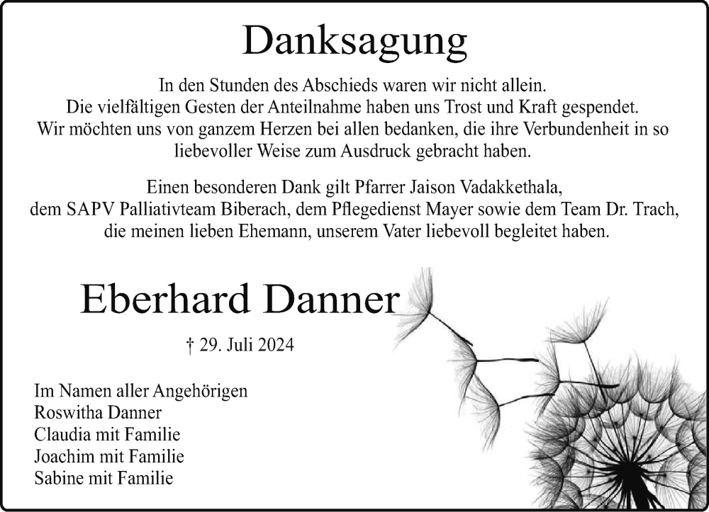  Traueranzeige für Eberhard Danner vom 13.09.2024 aus Laupheim