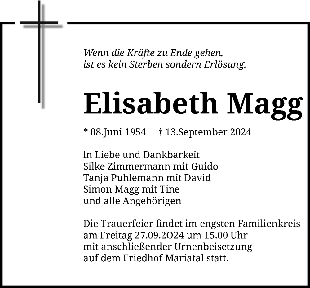  Traueranzeige für Elisabeth Magg vom 24.09.2024 aus Ravensburg