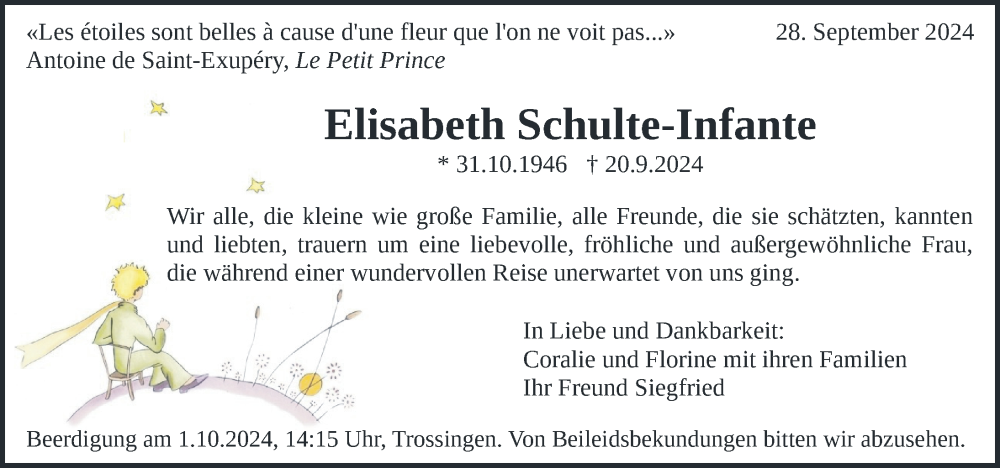  Traueranzeige für Elisabeth Schulte-Infante vom 28.09.2024 aus Tuttlingen, Spaichingen, Trossingen