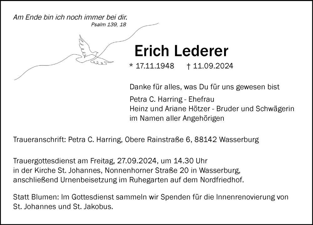  Traueranzeige für Erich Lederer vom 21.09.2024 aus Lindau