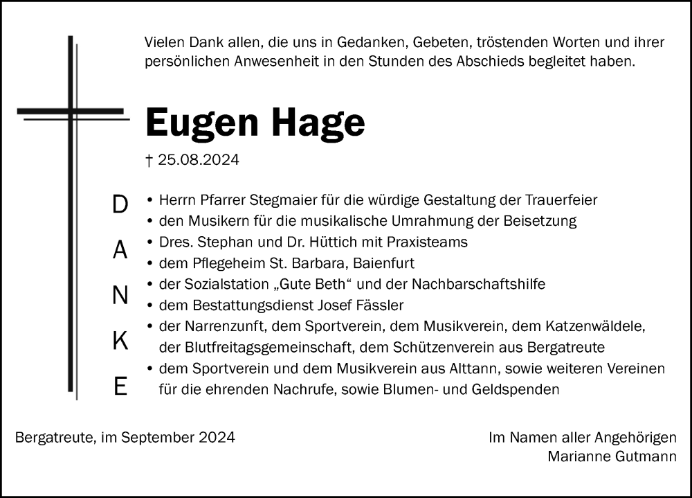  Traueranzeige für Eugen Hage vom 20.09.2024 aus Ravensburg