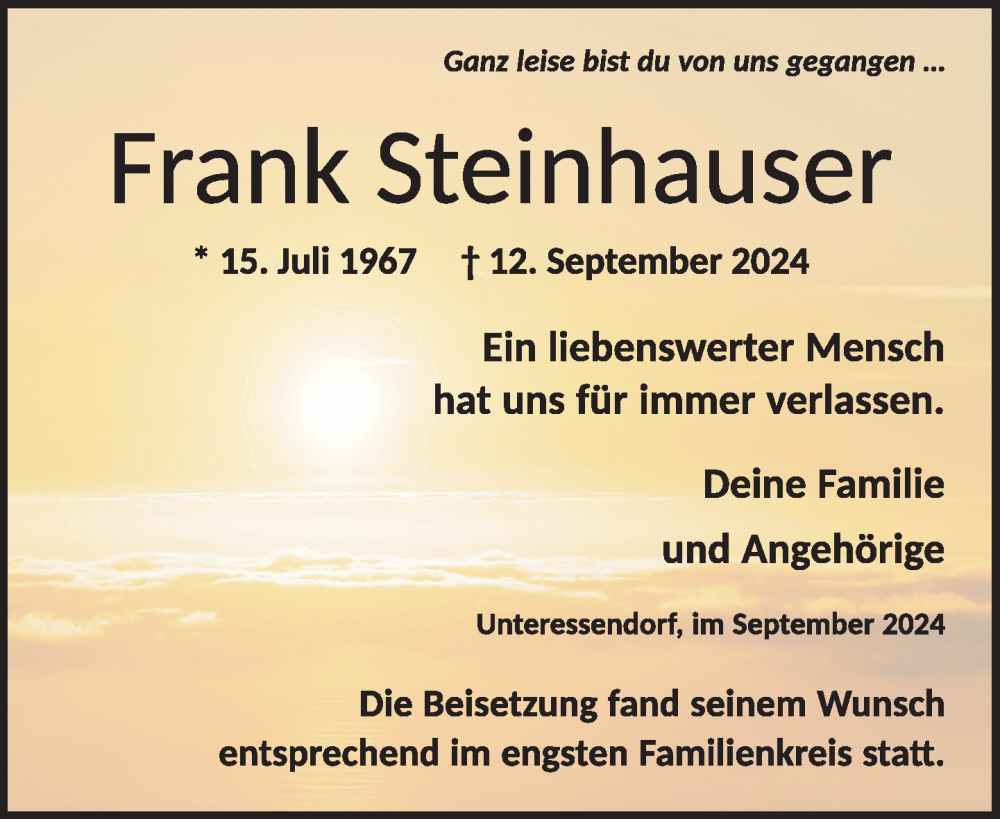  Traueranzeige für Frank Steinhauser vom 28.09.2024 aus Biberach