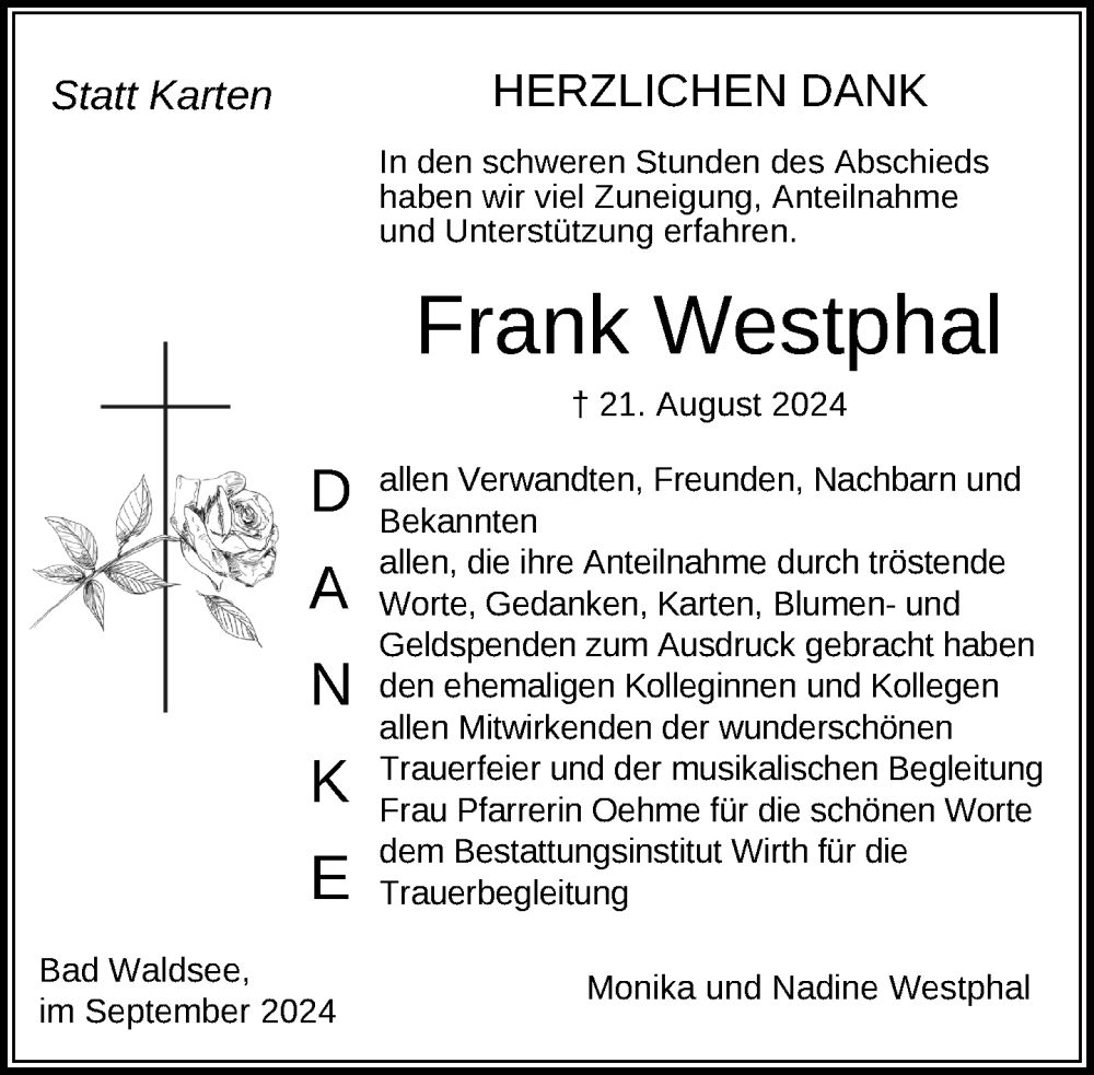  Traueranzeige für Frank Westphal vom 07.09.2024 aus Bad Waldsee