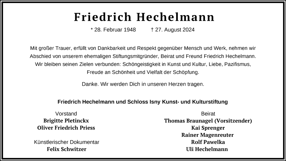  Traueranzeige für Friedrich Hechelmann vom 07.09.2024 aus Leutkirch