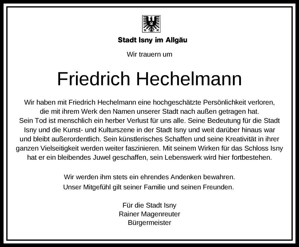  Traueranzeige für Friedrich Hechelmann vom 07.09.2024 aus Leutkirch