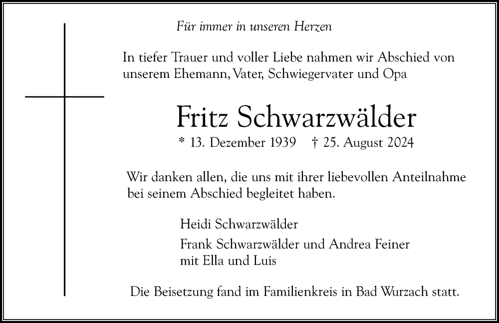  Traueranzeige für Fritz Schwarzwälder vom 07.09.2024 aus Leutkirch