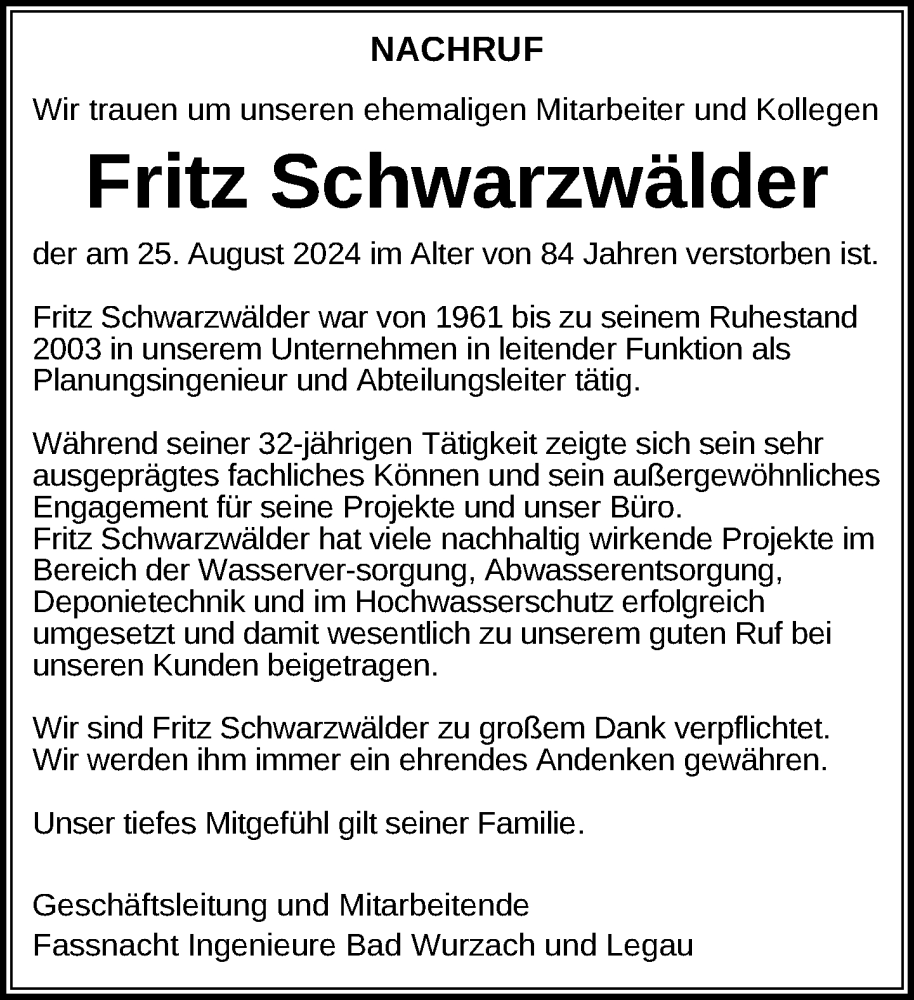  Traueranzeige für Fritz Schwarzwälder vom 10.09.2024 aus Leutkirch