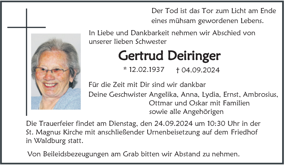  Traueranzeige für Gertrud Deiringer vom 20.09.2024 aus Ravensburg