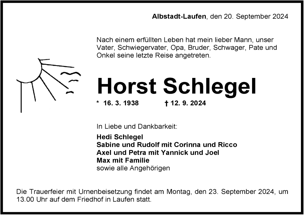  Traueranzeige für Horst Schlegel vom 20.09.2024 aus Balingen