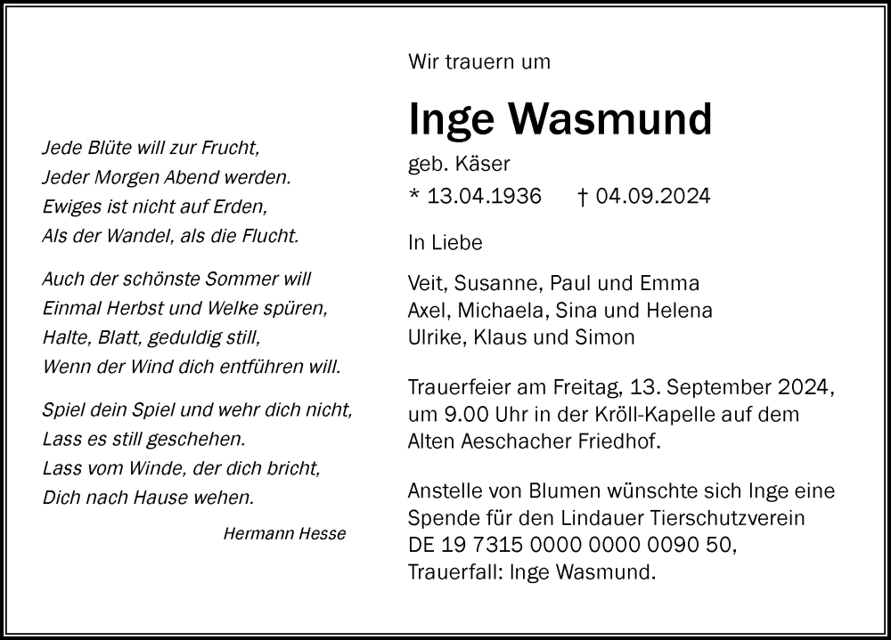  Traueranzeige für Inge Wasmund vom 07.09.2024 aus Lindau