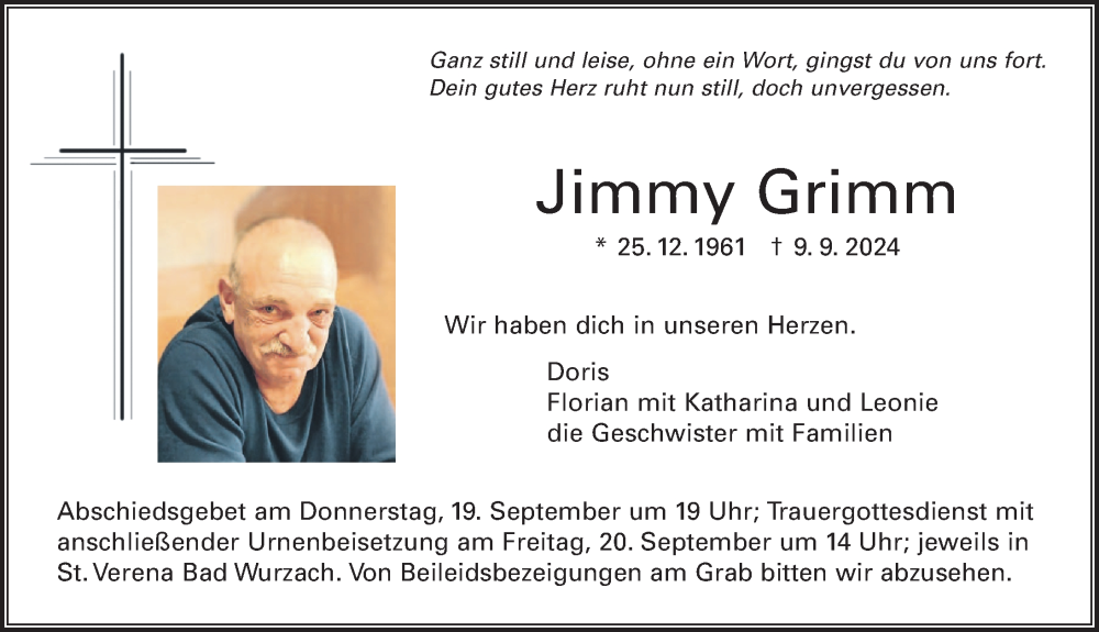  Traueranzeige für Jimmy Grimm vom 17.09.2024 aus Leutkirch