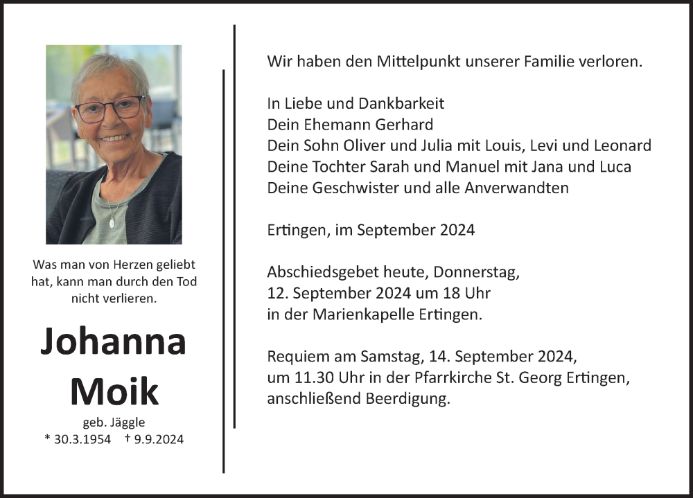  Traueranzeige für Johanna Moik vom 12.09.2024 aus Ehingen