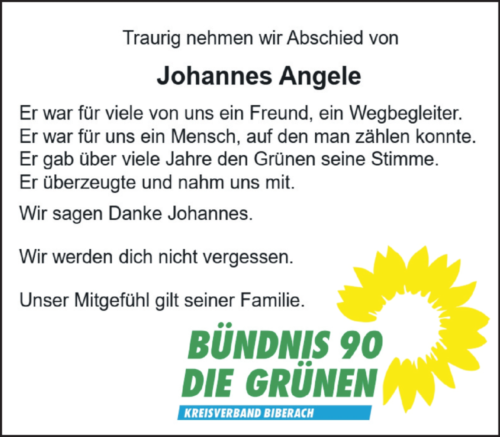  Traueranzeige für Johannes Angele vom 04.09.2024 aus Biberach