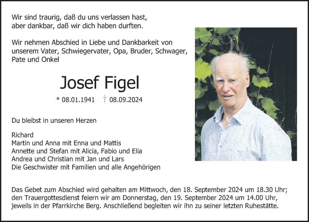  Traueranzeige für Josef Figel vom 18.09.2024 aus Bad Waldsee