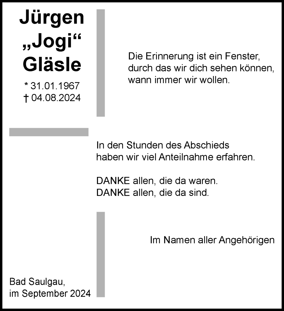  Traueranzeige für Jürgen Gläsle vom 07.09.2024 aus Bad Saulgau