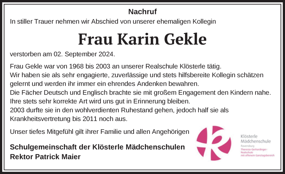  Traueranzeige für Karin Gekle vom 11.09.2024 aus Ravensburg