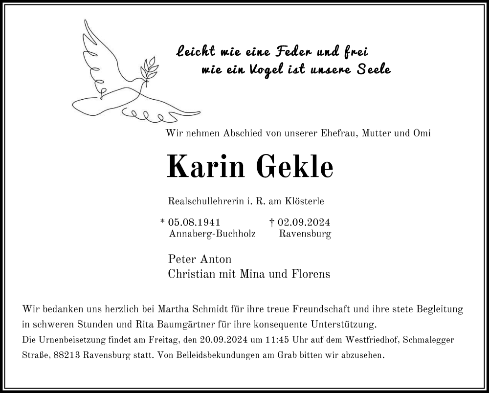  Traueranzeige für Karin Gekle vom 07.09.2024 aus Ravensburg