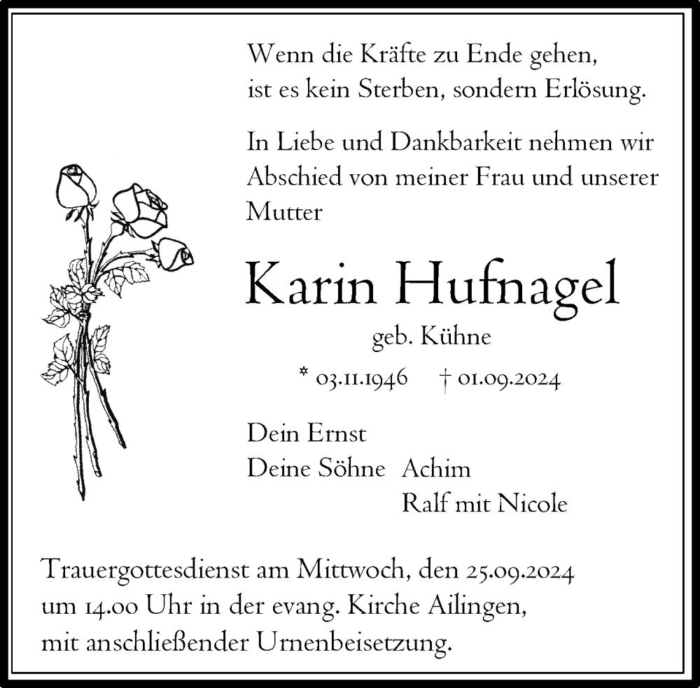  Traueranzeige für Karin Hufnagel vom 21.09.2024 aus Friedrichshafen