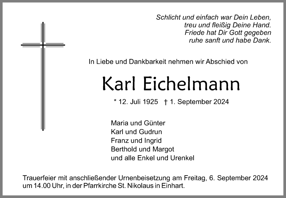  Traueranzeige für Karl Eichelmann vom 04.09.2024 aus Bad Saulgau