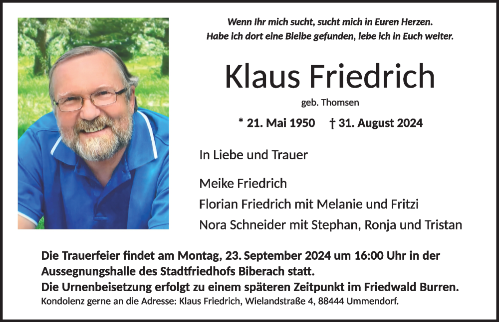  Traueranzeige für Klaus Friedrich vom 14.09.2024 aus Biberach