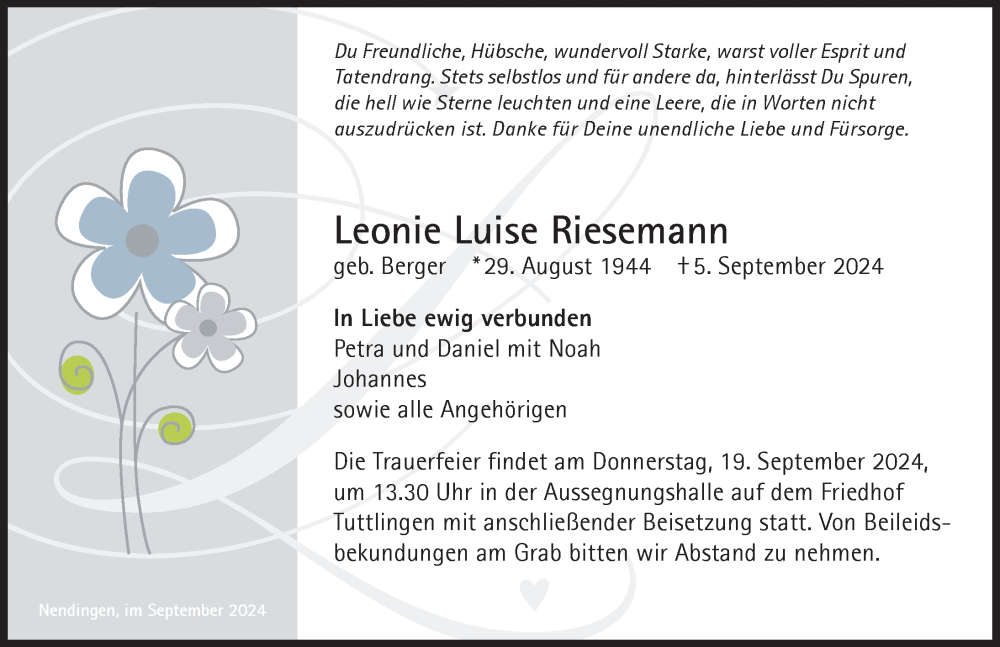  Traueranzeige für Leonie Luise Riesemann vom 14.09.2024 aus Tuttlingen, Spaichingen, Trossingen