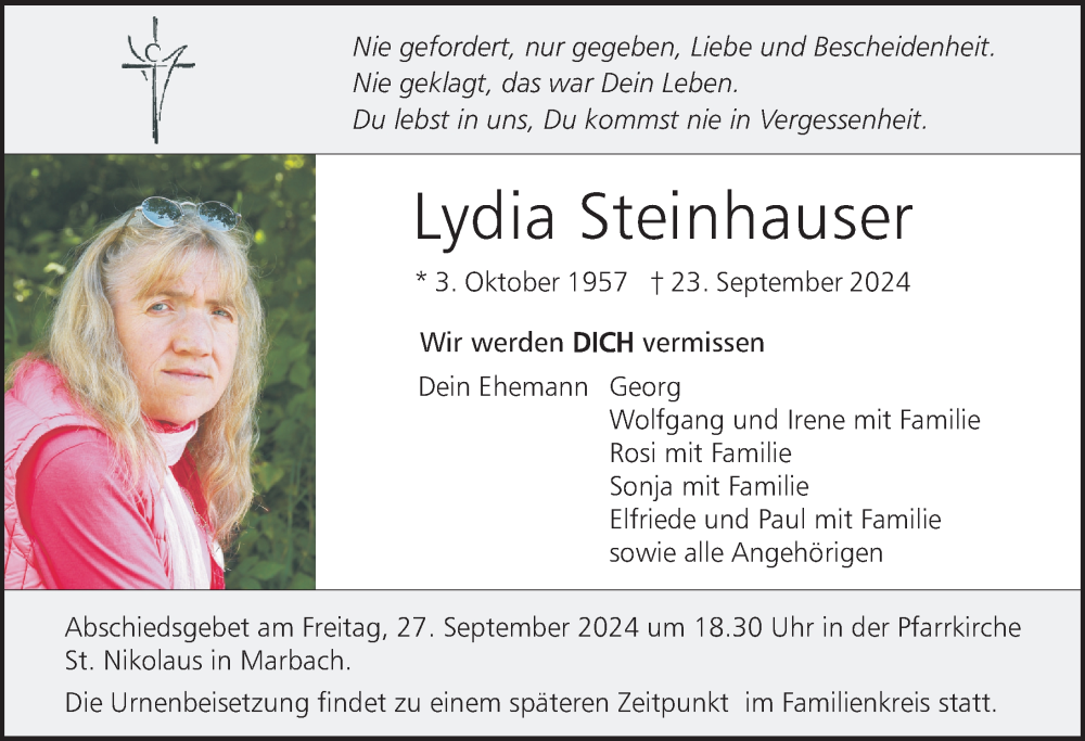  Traueranzeige für Lydia Steinhauser vom 25.09.2024 aus Bad Saulgau