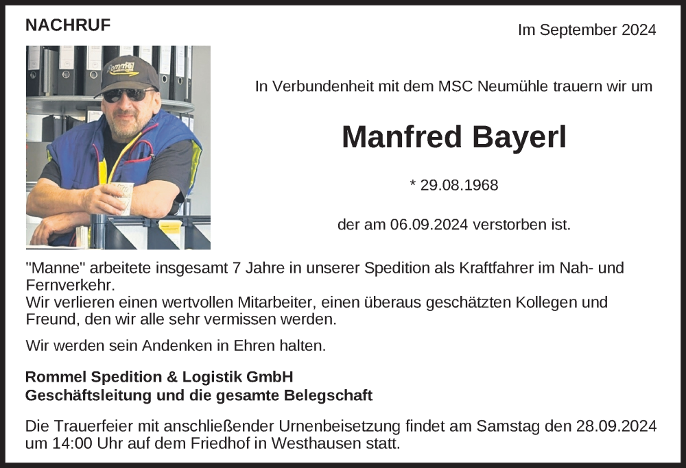  Traueranzeige für Manfred Bayerl vom 24.09.2024 aus Aalen /Ellwangen