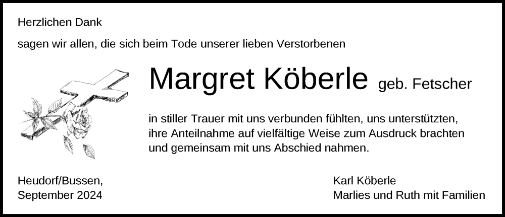  Traueranzeige für Margret Köberle vom 25.09.2024 aus Riedlingen